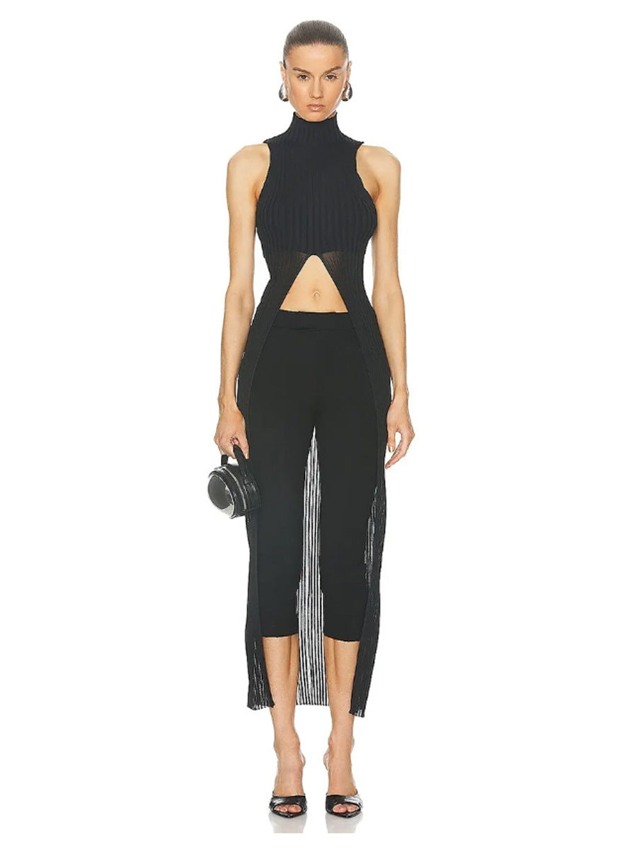 Women's Clothing 2025 Spring Personality Standing Sleeveless Open Forked Perspective Knitting Sexy Long Top
