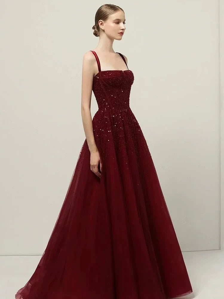 A line Straps Sequin Burgundy Long Party Dress Prom Dresses SD1503 HZ0628