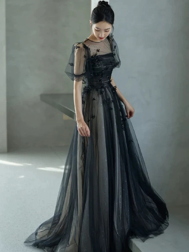 Puff Sleeves Tulle Long Prom Dress Black Formal Evening Dress SD1303 HZ0628