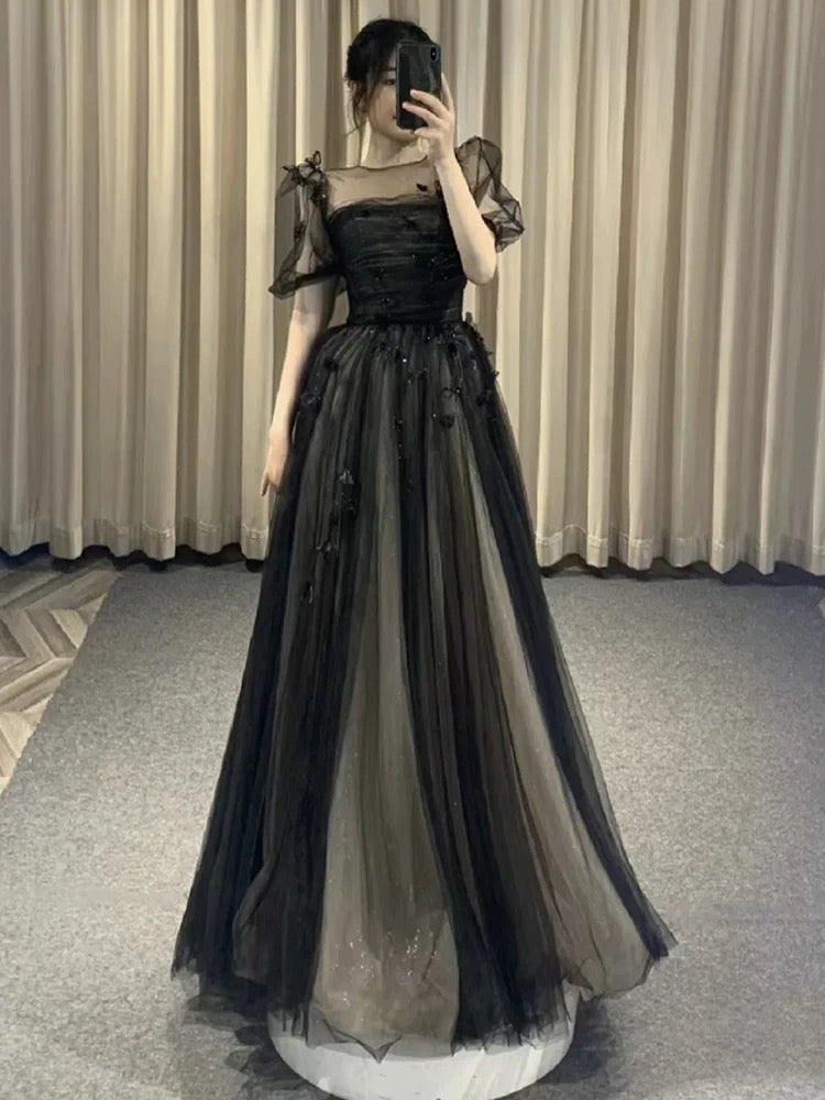 Puff Sleeves Tulle Long Prom Dress Black Formal Evening Dress SD1303 HZ0628