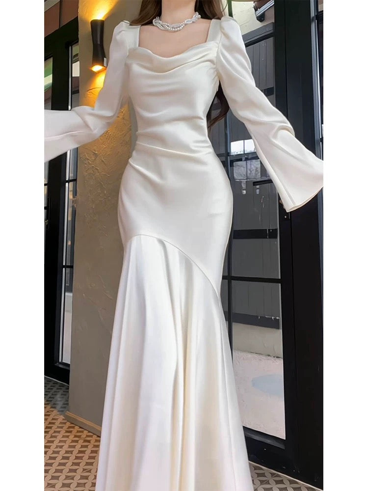 Mermaid Long Sleeves Ankle Length White Prom Dresses Party Dress SD1318 HZ0628