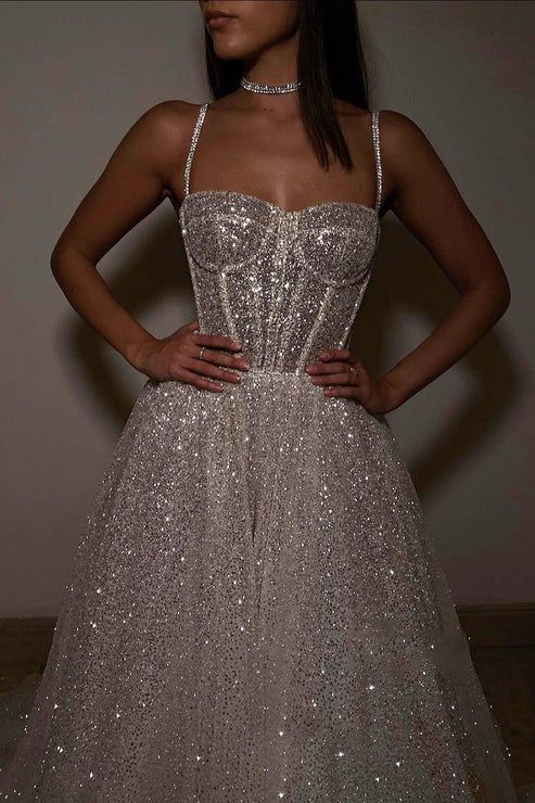 A Line Spaghetti Straps Sequin Silver Long Prom Dresses Party Dress SD1331 HZ0628