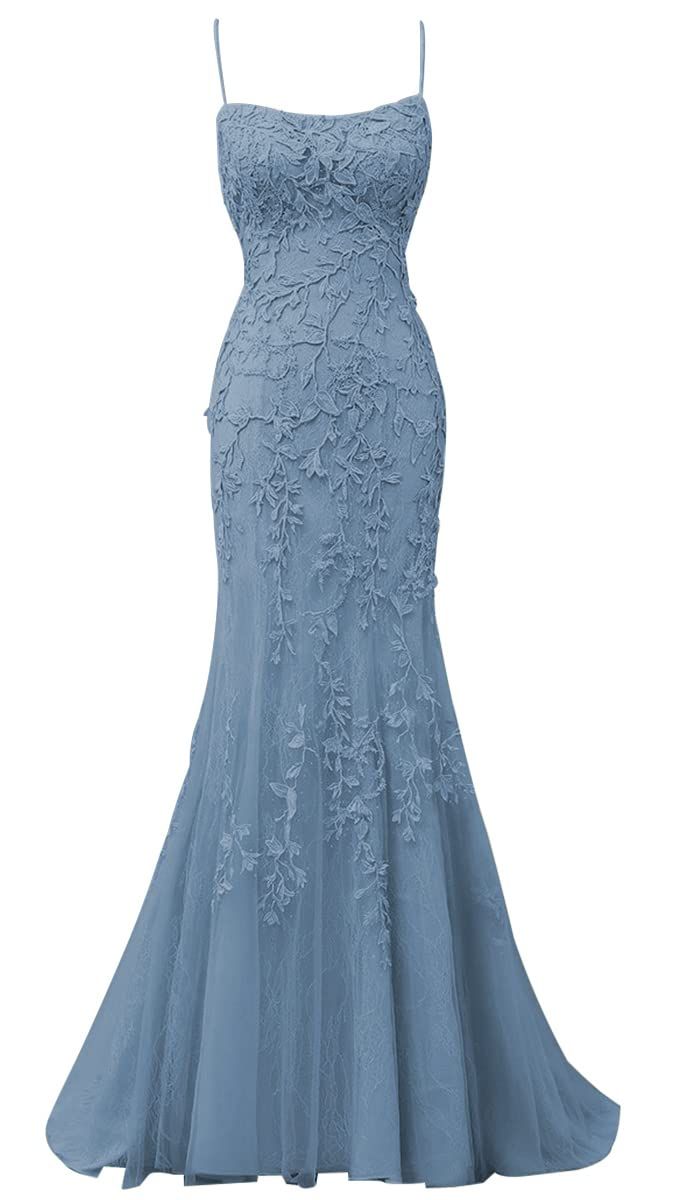 Mermaid Spaghetti Straps Blue Lace Backless Long Prom Dresses Party Dress SD1337 HZ0628
