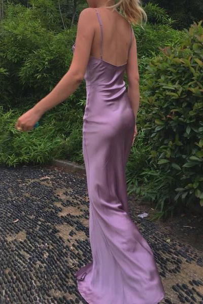 Silk Satin Long Evening Party Dress Prom Dresses with High Slit SD1342