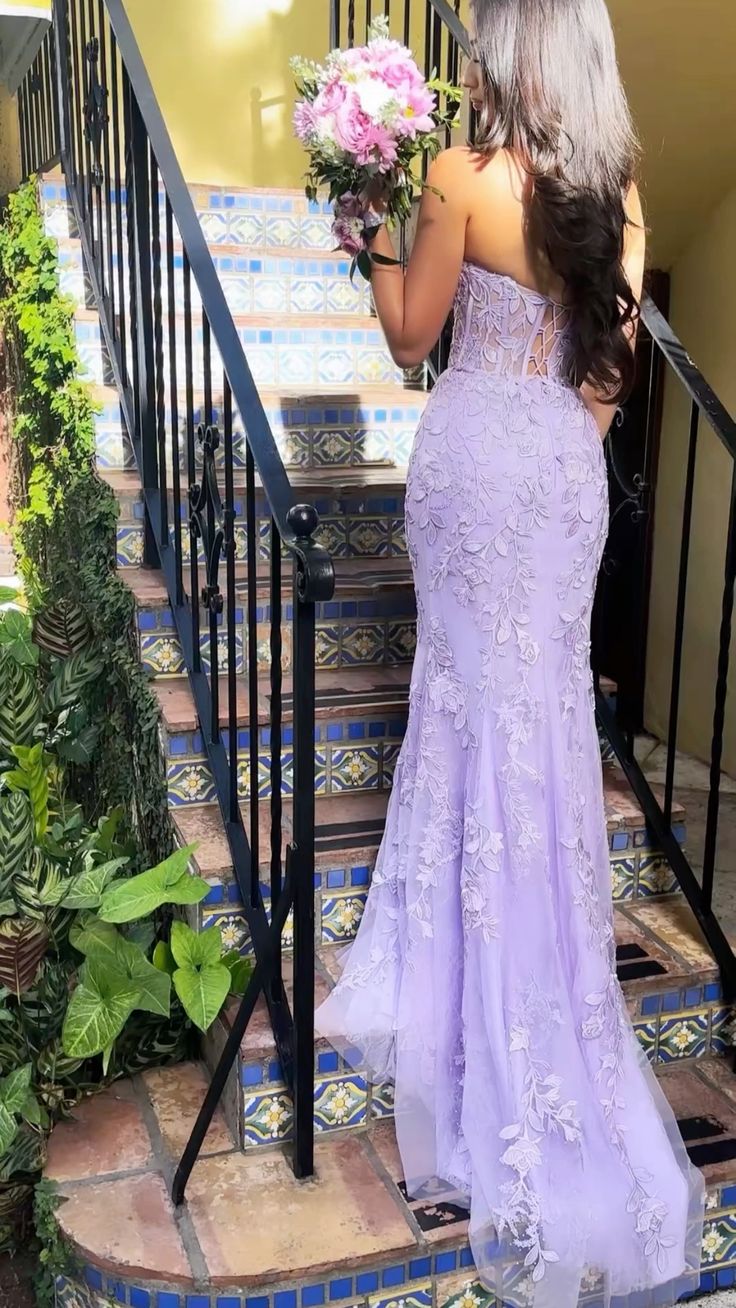 Mermaid Sleeveless Lace Lilac Evening Prom Dresses Long Prom Dresses SD1420 HZ0628