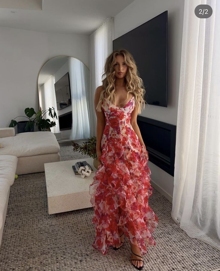 A Line Spaghetti Straps Floral Red Sleeveless Ruffles Evening Prom Dresses SD1421 HZ0628