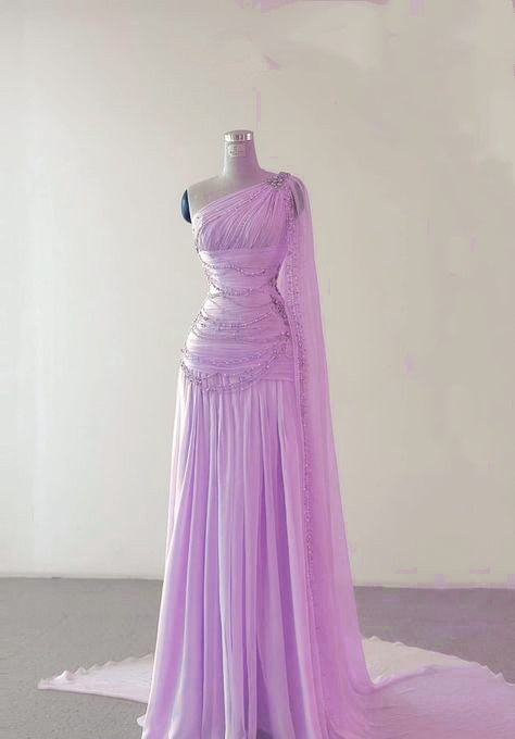Sheath One Shoulder Pink Long Chiffon Evening Gown Prom Dresses SD2314 HZ0628