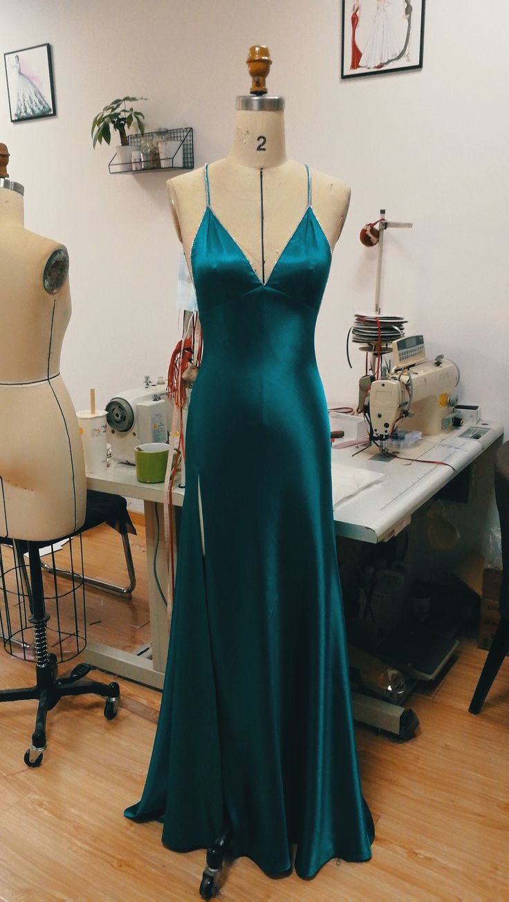 Teal Blue Satin V-neck Formal Prom Party Dress with Slit SD1445 HZ0628