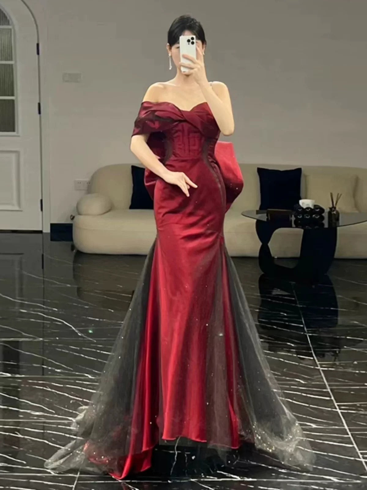Mermaid Off The Shoulder Burgundy Long Party Dress Satin Prom Dresses SD1467 HZ0628