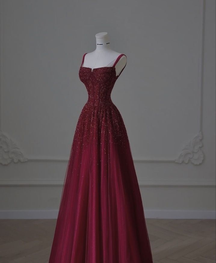 A line Straps Sequin Burgundy Long Party Dress Prom Dresses SD1503 HZ0628