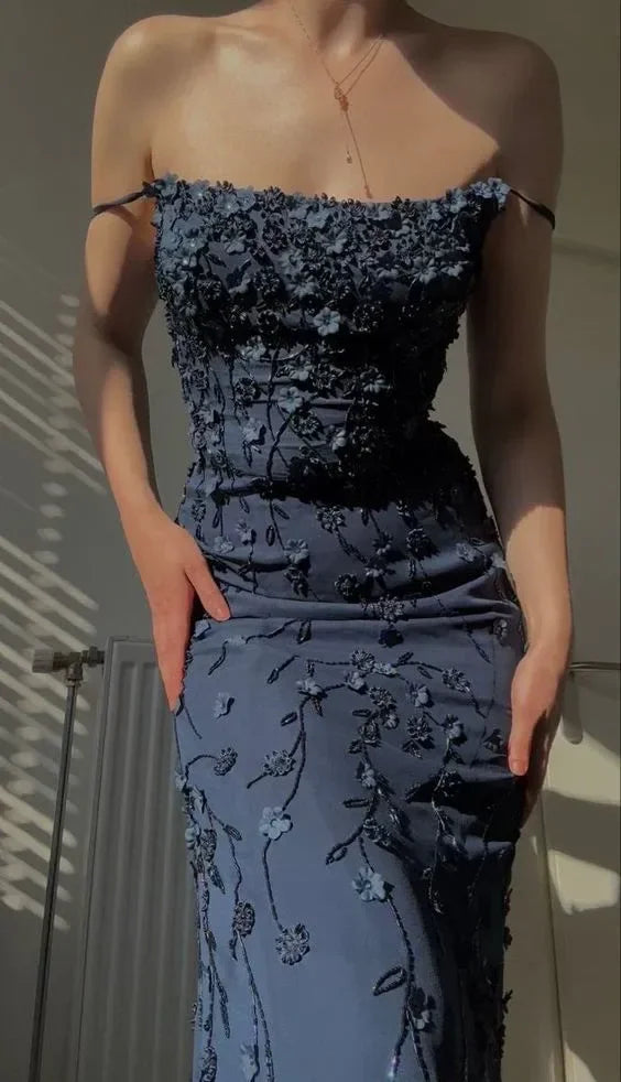 Mermaid Spaghetti Straps Satin Navy Blue Floral Long Evening Dress Prom Dresses SD1551 HZ0628