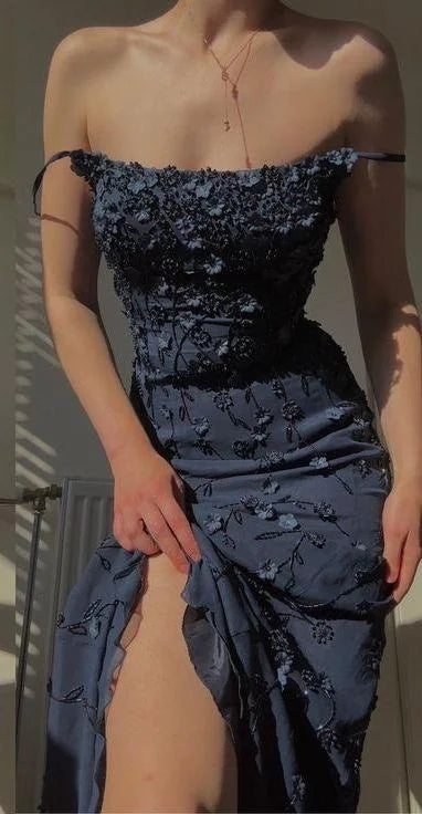 Mermaid Spaghetti Straps Satin Navy Blue Floral Long Evening Dress Prom Dresses SD1551 HZ0628