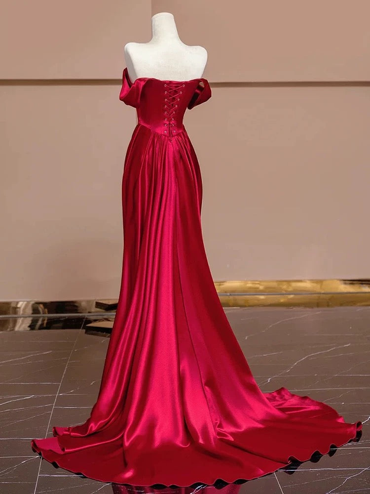 Mermaid Off The Shoulder Satin Red Floor Length Evening Dress Prom Dresses SD1614 HZ0628