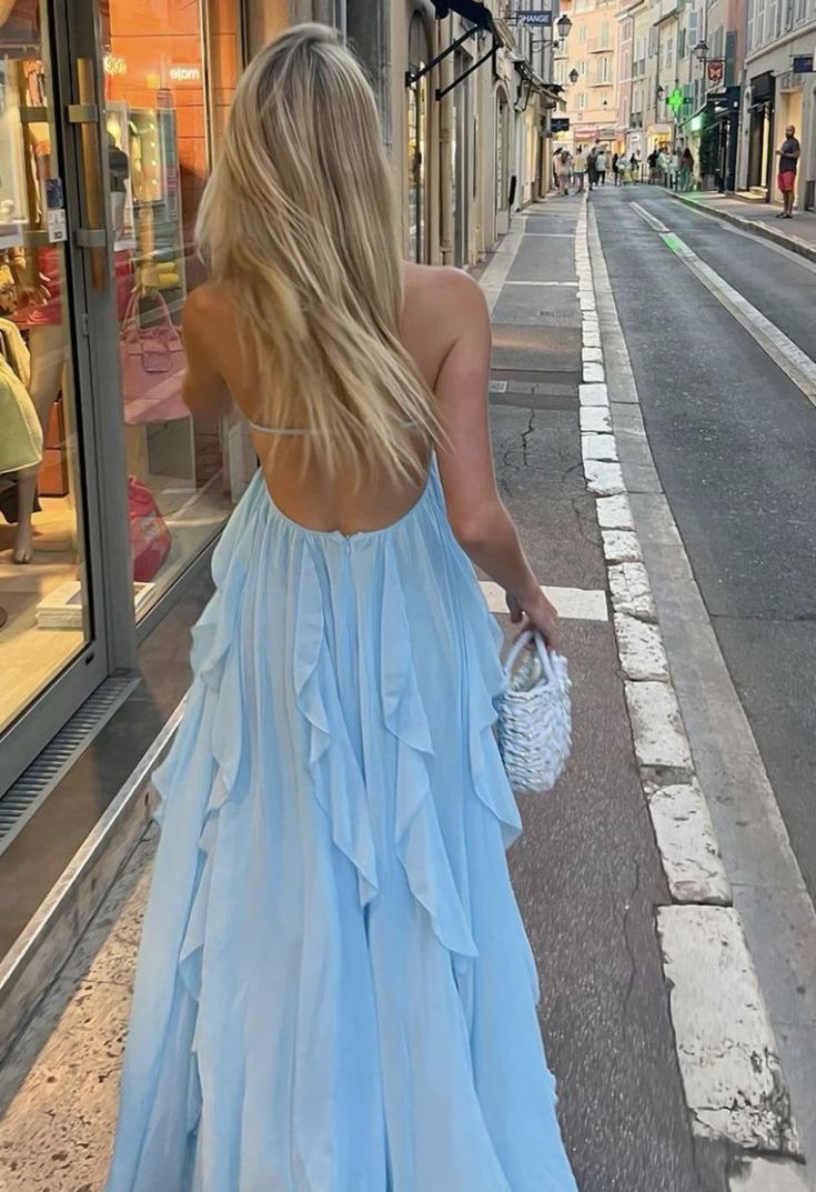 A Line Halter Blue Chiffon Backless Long Evening Dress Prom Dresses SD1660 HZ0628