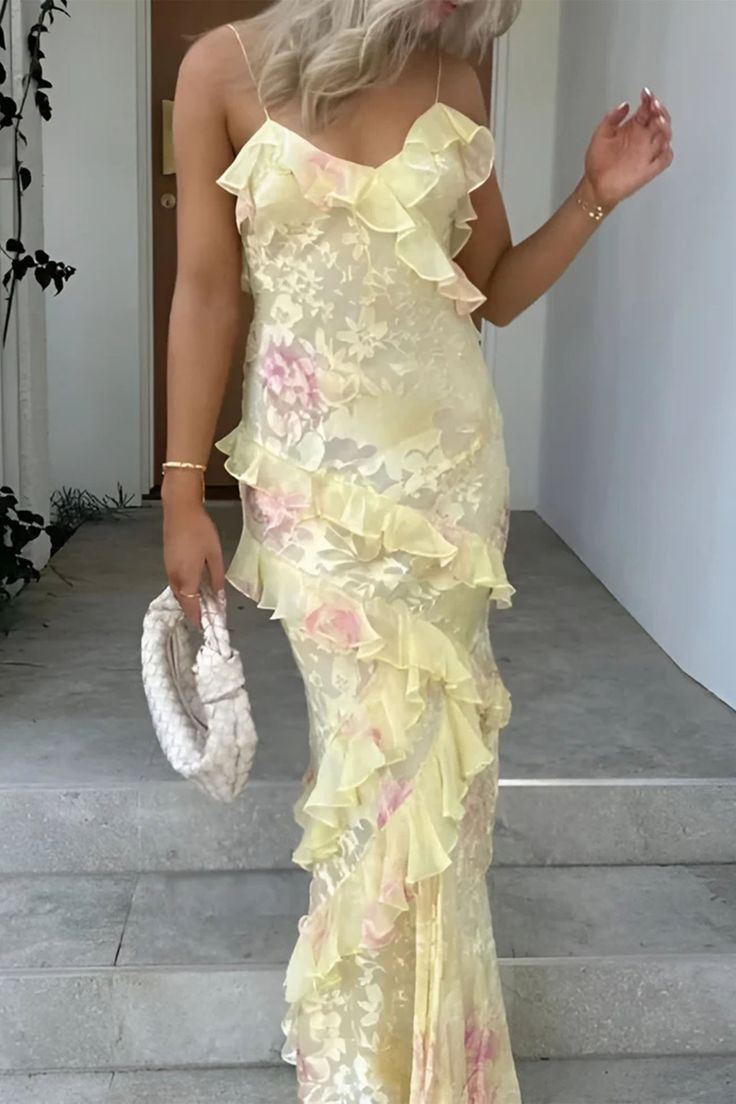 Mermaid Spaghetti Straps Floor Length Floral Yellow Chiffon Evening Dress Lace Prom Dresses SD1707 HZ0628