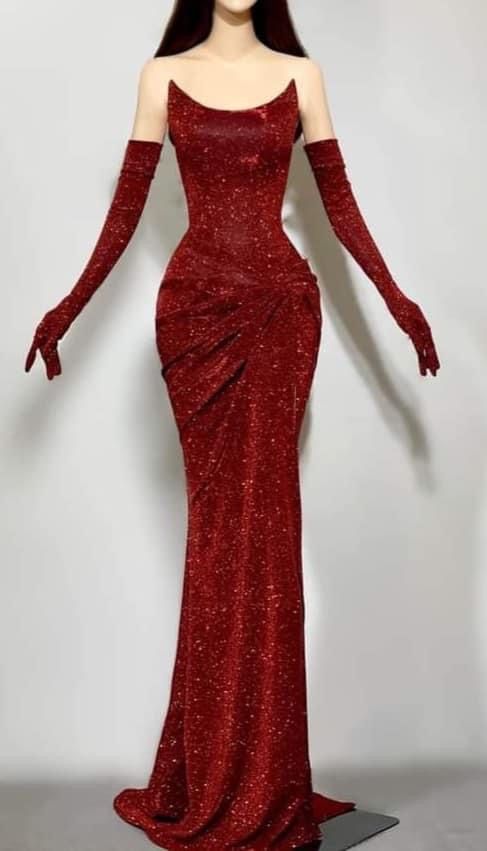 Mermaid Strapless Burgundy Sequin Long Prom Dresses Evening Gowns With Gloves SD1811 HZ0628