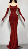 Mermaid Strapless Burgundy Sequin Long Prom Dresses Evening Gowns With Gloves SD1811 HZ0628