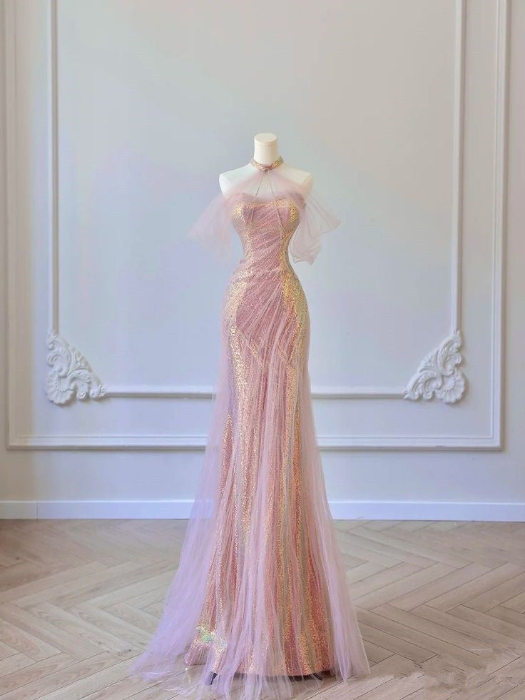 Mermaid Halter Pink Sequin Long Prom Dress Evening Dress Formal Dress SD1819 HZ0628