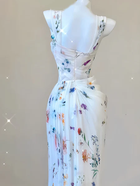 Mermaid Straps Chiffon Floral Evening Gowns Long Prom Dresses SD1825 HZ0628