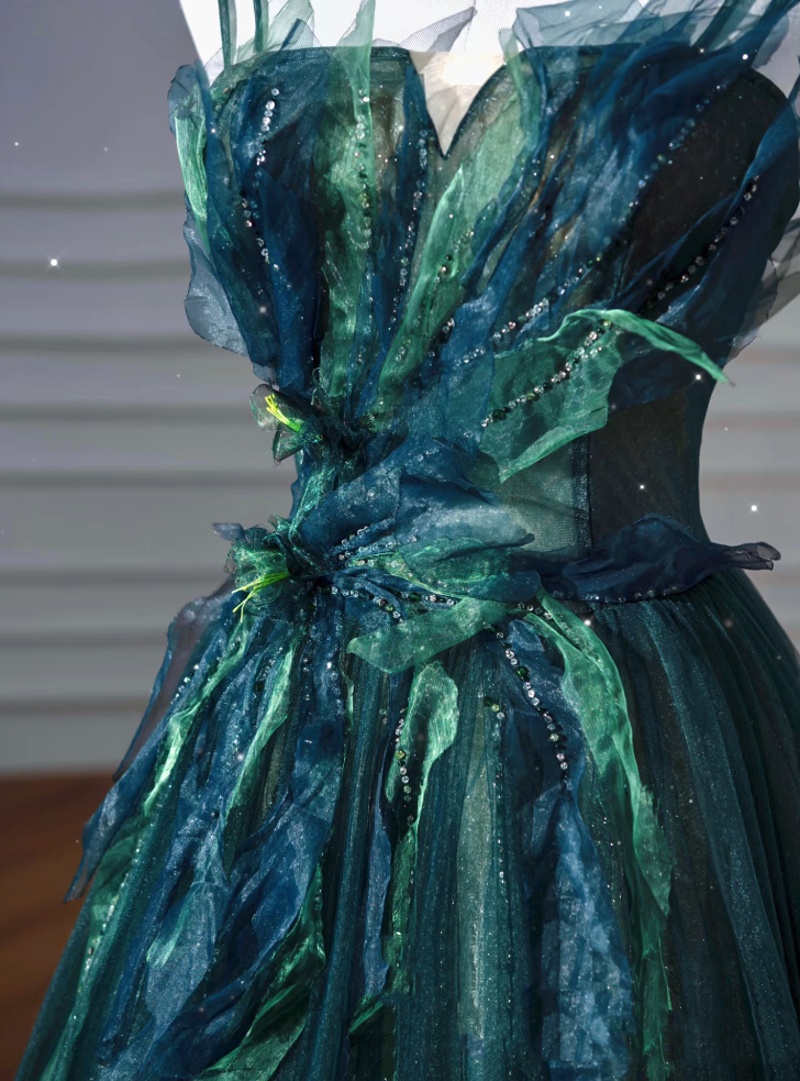 Ball Gown Strapless Green Tulle Long Evening Gowns Prom Dresses SD1830 HZ0628