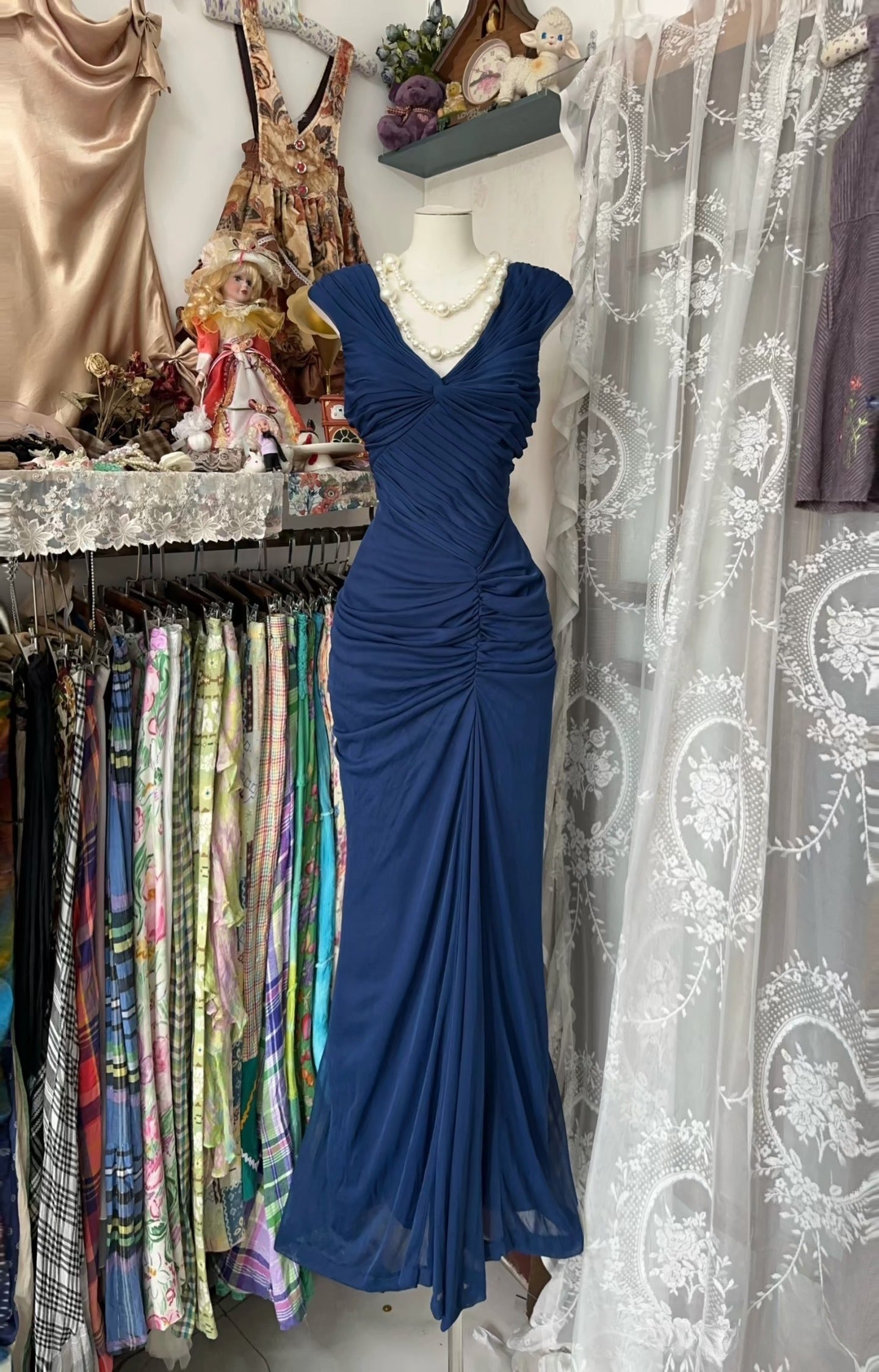 Fashion Mermaid V Neckline Navy Blue Floor Length Evening Dress Prom Dresses SD1881 HZ0628