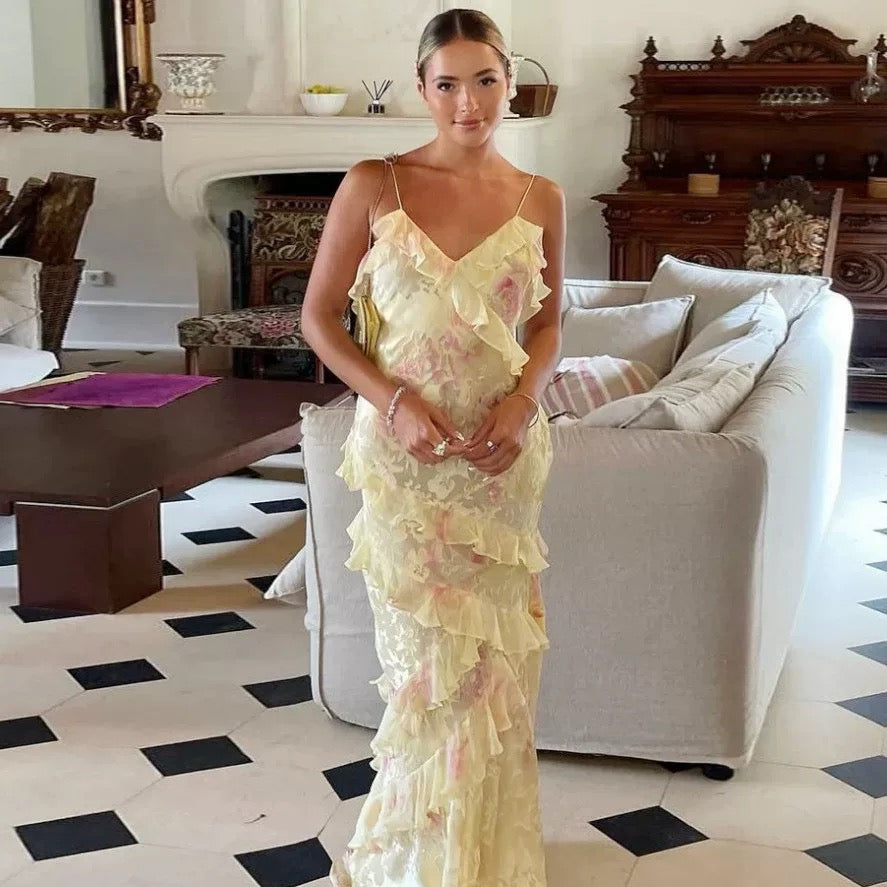 Mermaid Spaghetti Straps Floor Length Floral Yellow Chiffon Evening Dress Prom Dresses SD2045 HZ0628