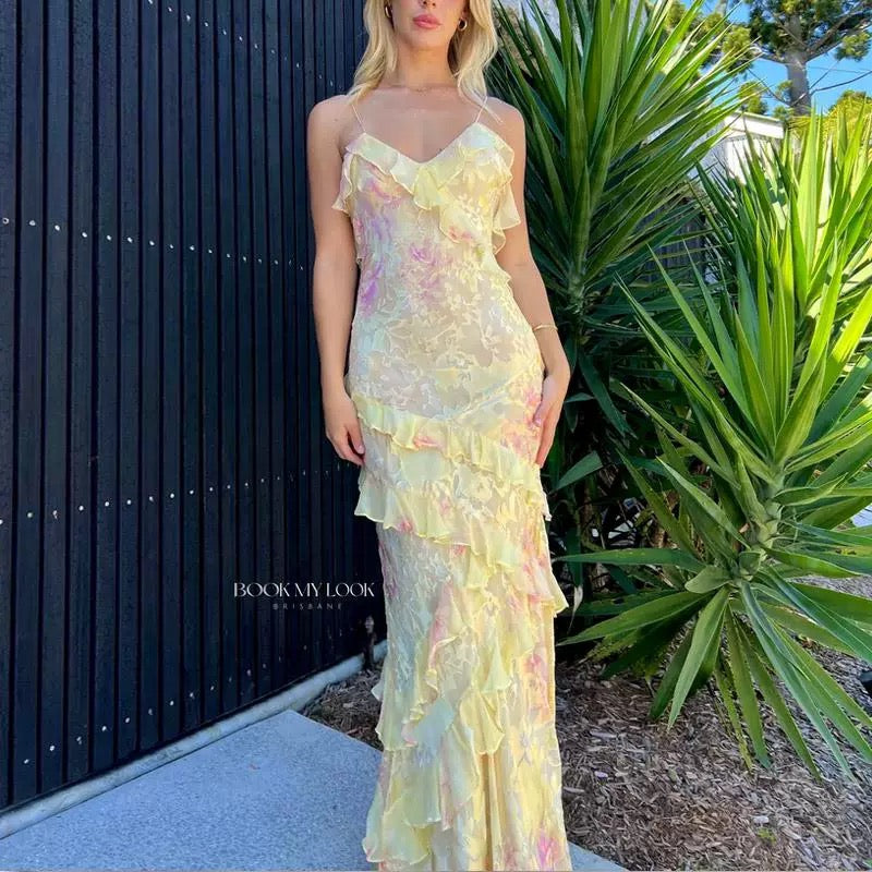 Mermaid Spaghetti Straps Floor Length Floral Yellow Chiffon Evening Dress Prom Dresses SD2045 HZ0628