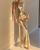 Mermaid Straps Neckline Champagne Satin Long Prom Dress Evening Dress Formal Dress SD2175 HZ0628