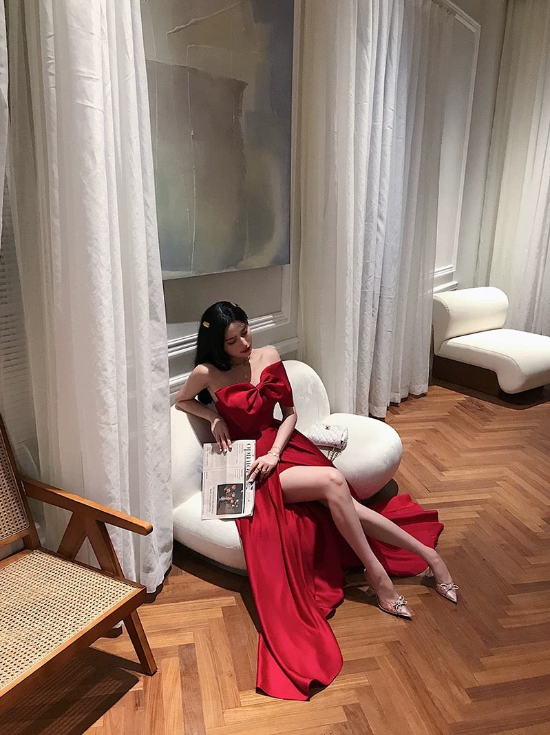 A Line Strapless Wine Red Slit Prom Dresses Long Party Dress SD2267 HZ0628