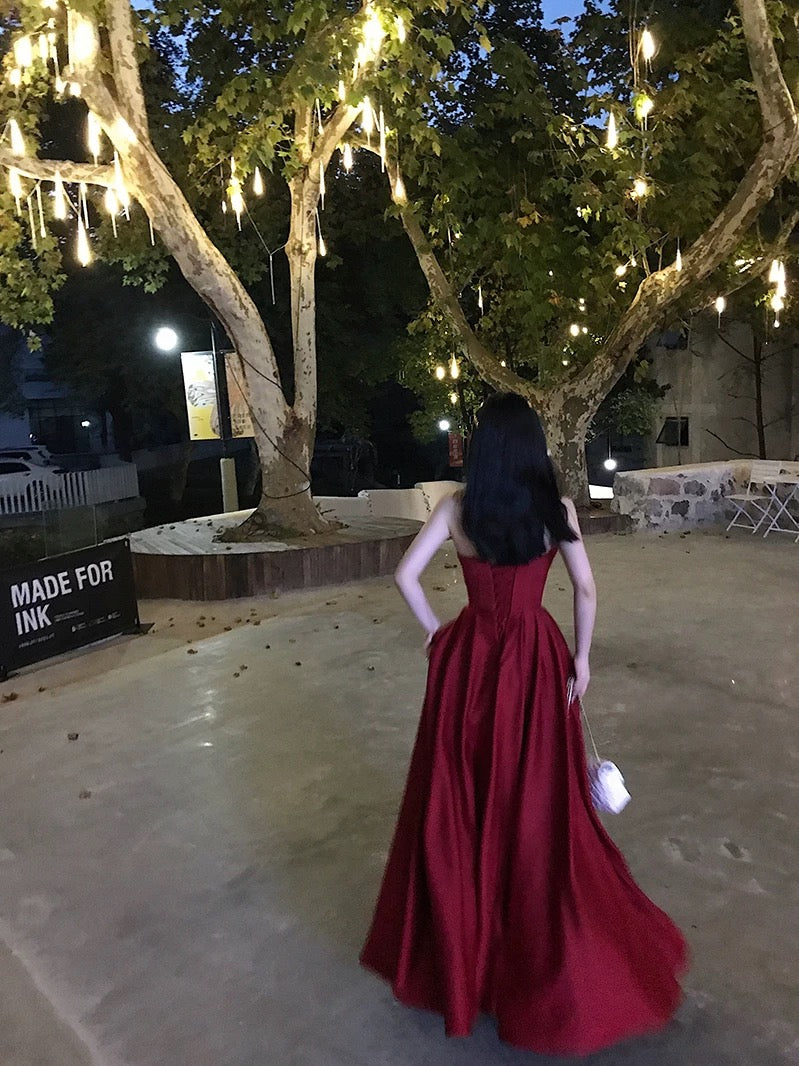A Line Strapless Wine Red Slit Prom Dresses Long Party Dress SD2267 HZ0628