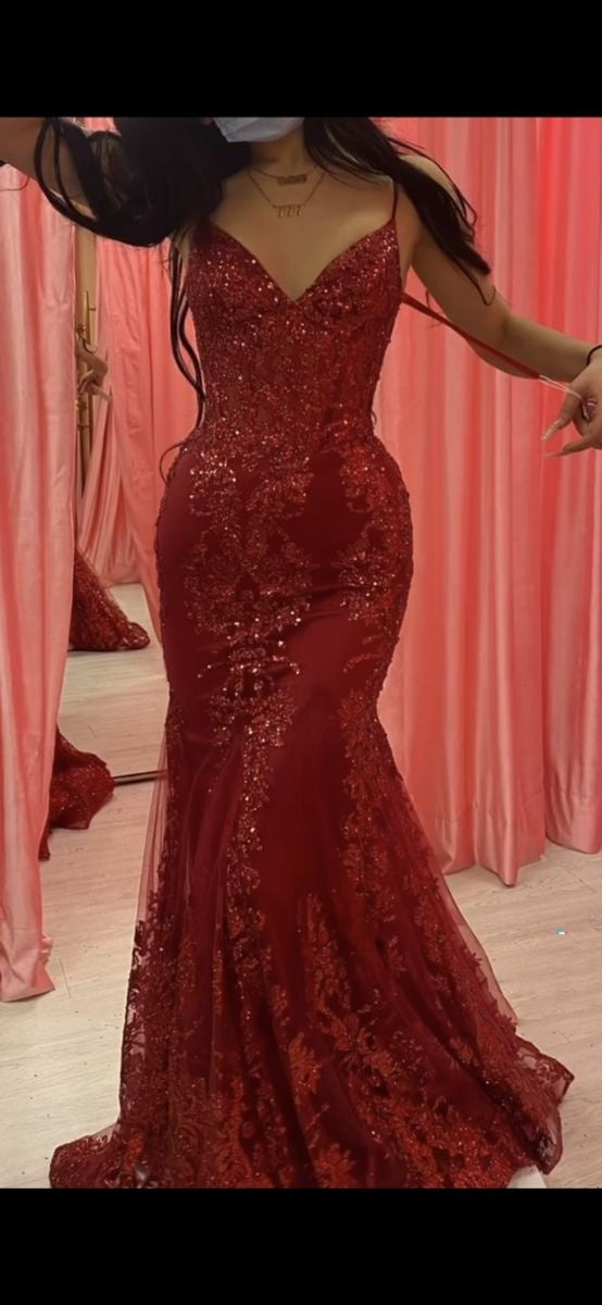 Mermaid Spaghetti Straps Burgundy Lace Prom Dresses Long Party Dress SD2287 HZ0628