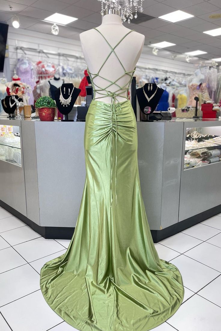 Sage Scoop Neck Satin Mermaid Long Prom Dress with Slit Formal Gown Evening Dress SD2419 HZ0628