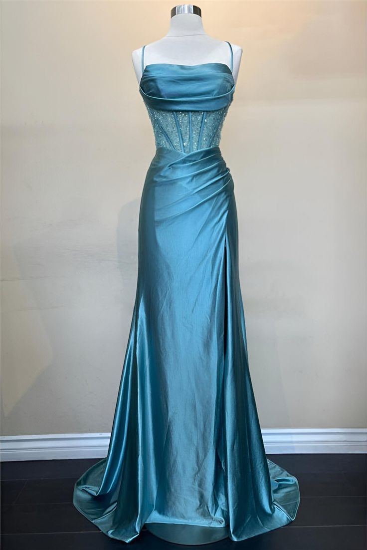 Sage Scoop Neck Satin Mermaid Long Prom Dress with Slit Formal Gown Evening Dress SD2419 HZ0628