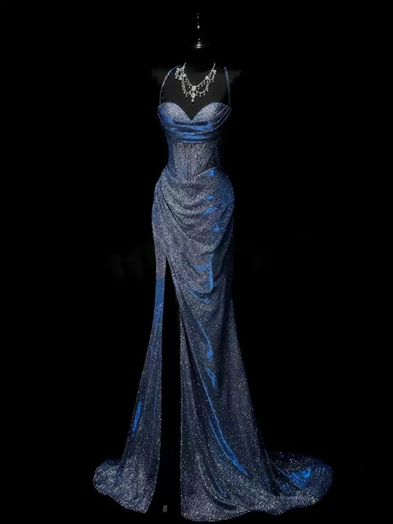 Mermaid Spaghetti Straps Navy Blue Sequin Long Evening Gowns Prom Dress SD2765 HZ0628