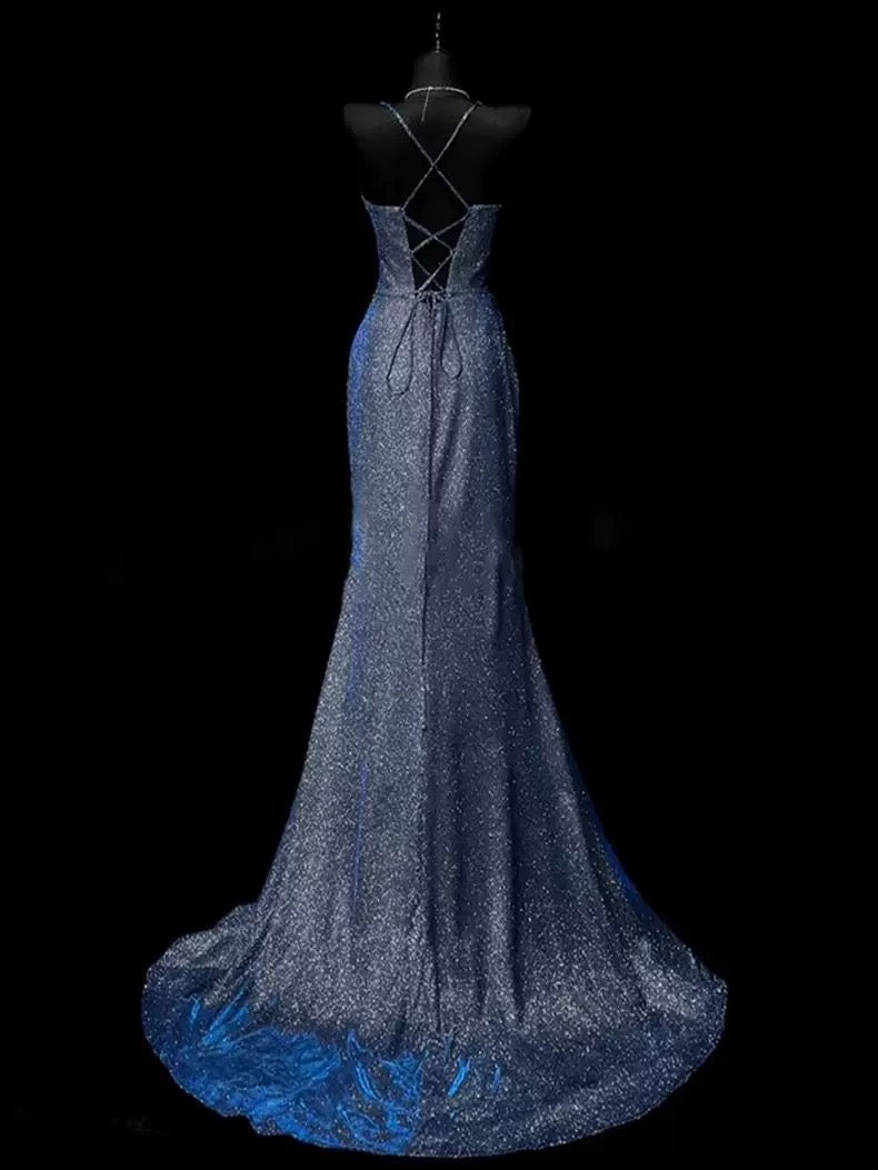 Mermaid Spaghetti Straps Navy Blue Sequin Long Evening Gowns Prom Dress SD2765 HZ0628