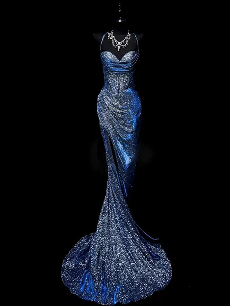 Mermaid Spaghetti Straps Navy Blue Sequin Long Evening Gowns Prom Dress SD2765 HZ0628