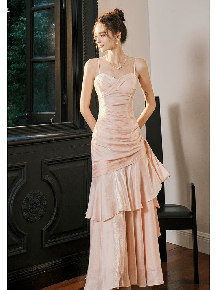 Mermaid Spaghetti Straps Long Length Blush Pink Evening Dress Prom Dresses SD2854 HZ0628