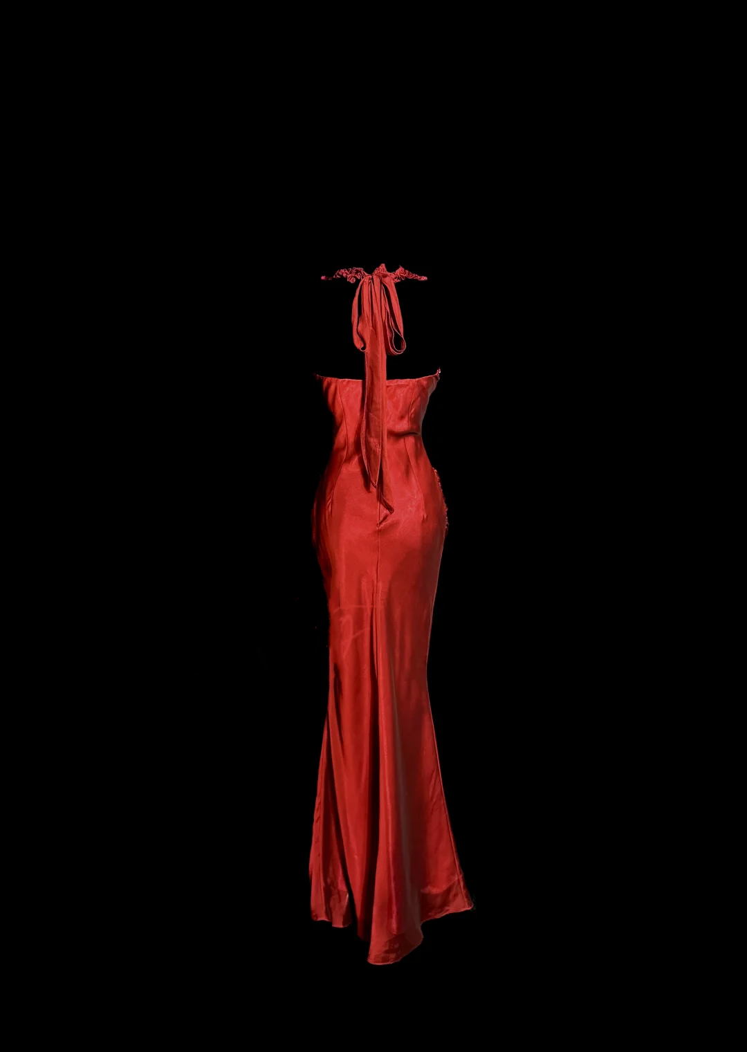 Mermaid Halter Neckline Red Satin Prom Dress Ruffle Long Party Dress SD2912 HZ0628