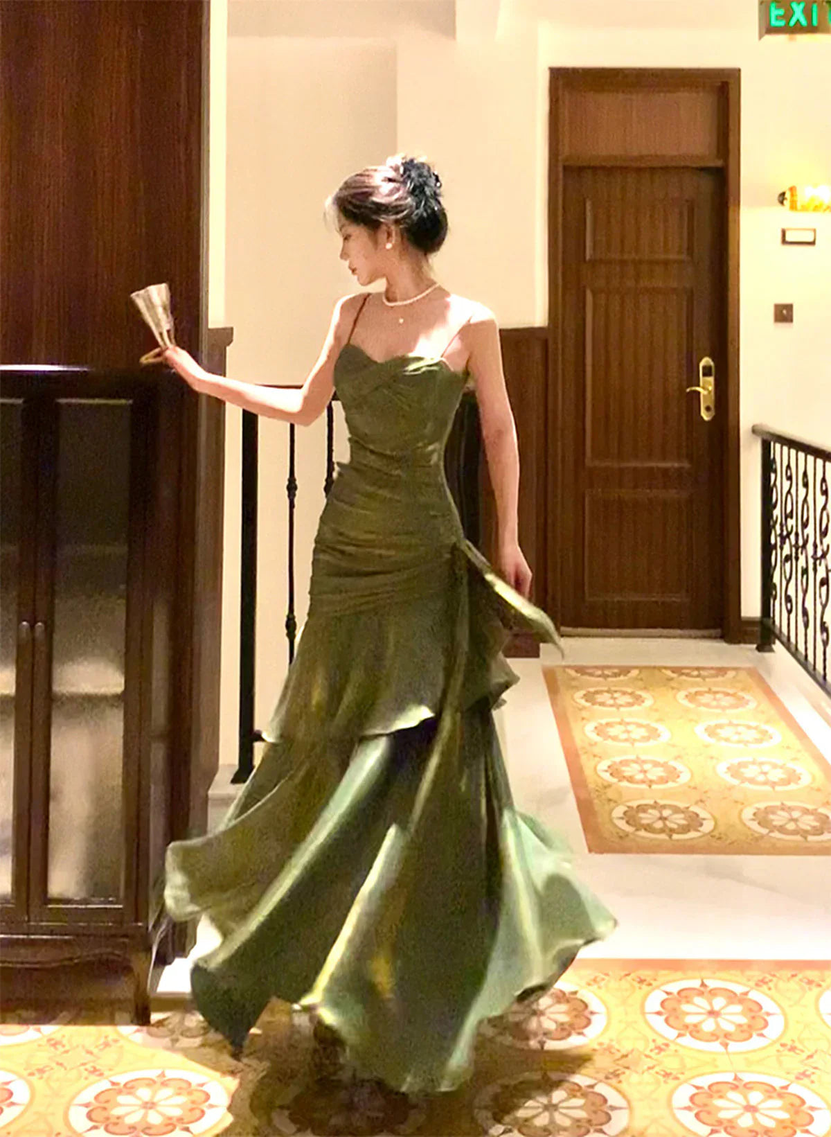 Green Mermaid Straps Long Satin Party Dress, Green Satin Evening Dress Prom Dress SD2952 HZ0628