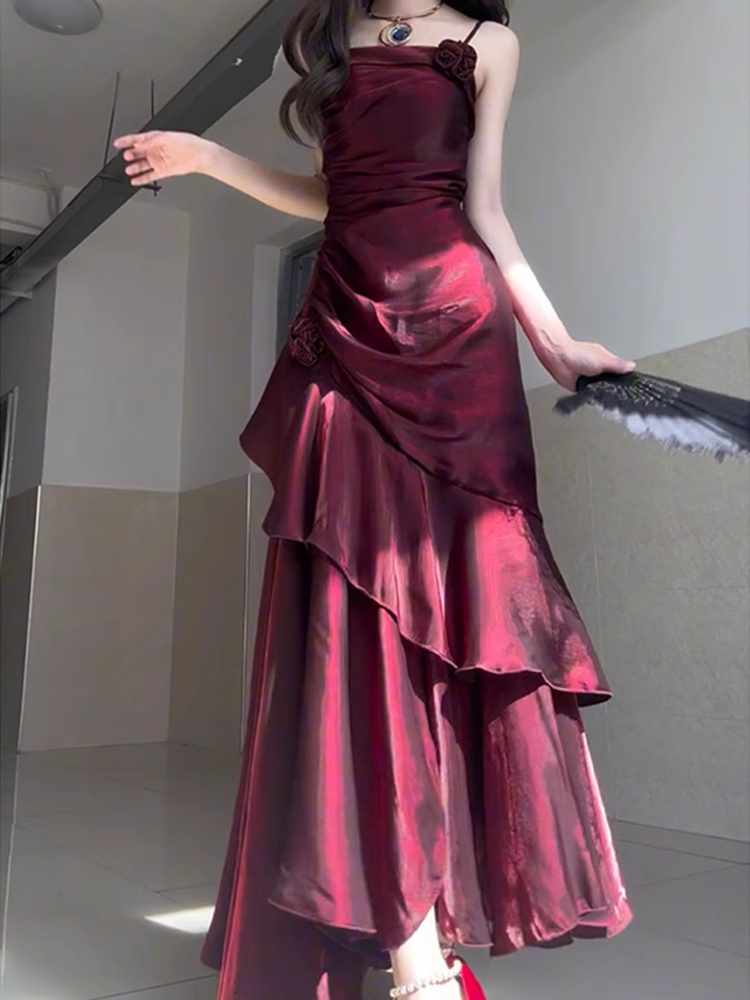 Sheath Spaghetti Straps Burgundy Long Party Dresses Birthday Outfits SD434 HZ0628