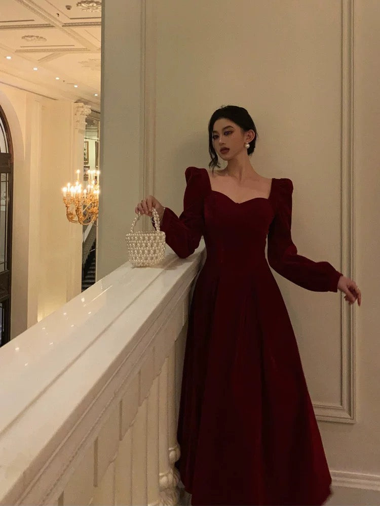 A line Square Neckline Long Sleeves Red Velvet Date Night Dress Prom Dresses Birthday Party Outfit SD872 HZ0628