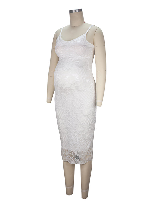 White Lace Spaghetti Strap Backless V-Neck Elegant Babyshower Party Maternity Midi Dress Maternity