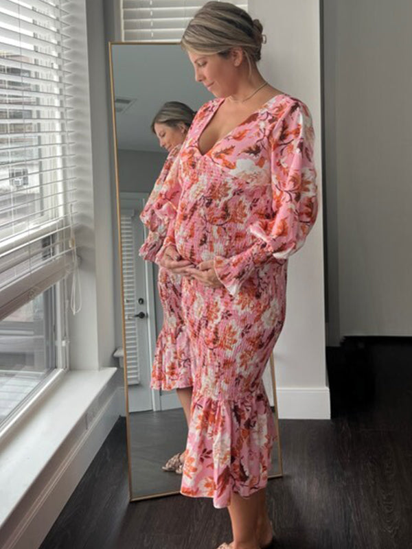 Pink Floral Smocked Mermaid Deep V-neck Lantern Sleeve Elegant Cocktail Party Maternity Photoshoot Baby Shower Maxi Dress Maternity