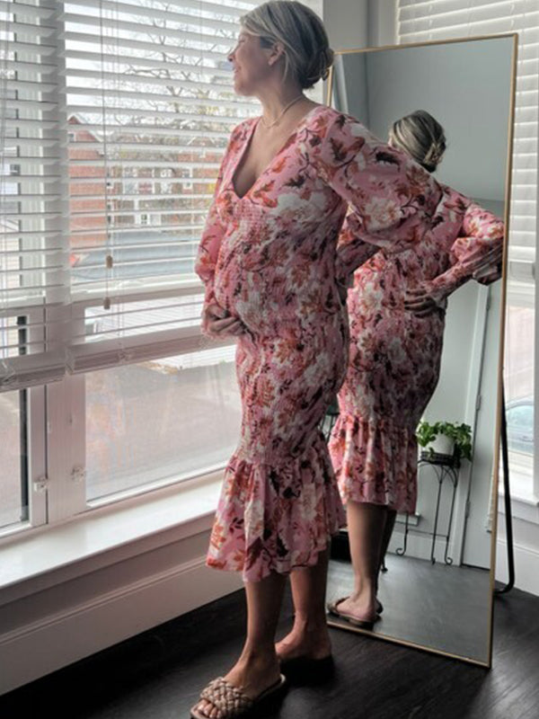 Pink Floral Smocked Mermaid Deep V-neck Lantern Sleeve Elegant Cocktail Party Maternity Photoshoot Baby Shower Maxi Dress Maternity