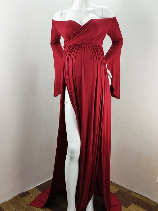 Solid Off Shoulder V-neck Slit Flare Sleeve Party Long Train Gown Maternity Photoshoot Maxi Dress Maternity