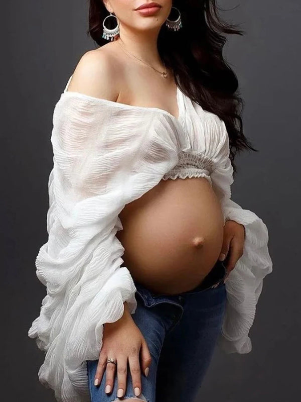 Belly Friendly Loose Puff Sleeve Props Accessories Sheer Photography Babyshower Maternity Pleated Top Maternity