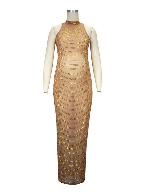 Gold Rhinestone Mesh Sleeveless Backless Photoshoot Bodycon Evening Plus Size Maternity Maxi Dress Maternity