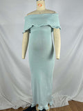 Light Blue Knit Off Shoulder Wire Ripple Hem Bodycon Elegant Cocktail Party Maternity Baby Shower Midi Dress Maternity