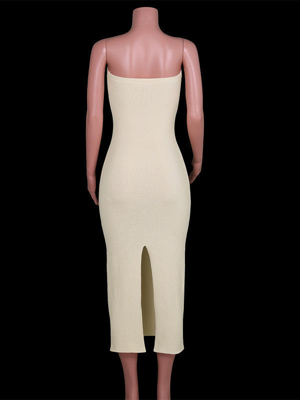 Beige Tube Twist Bow Back Slit Bodycon Crochet Fashion Baby Shower Maternity Maxi Sweater Dress Maternity