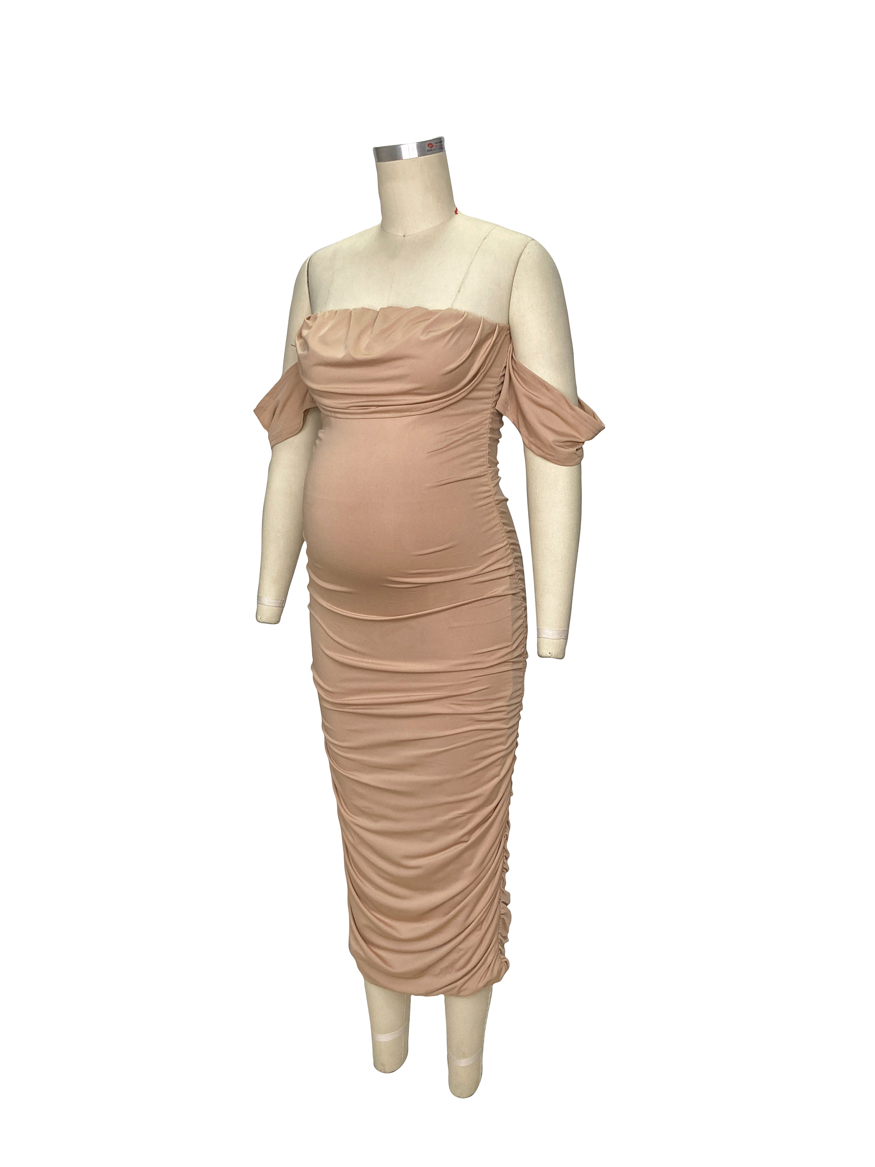 Khaki Ruched Off Shoulder Belly Friendly Baby Shower Club Party Tube Bodycon Maternity Midi Dress Maternity